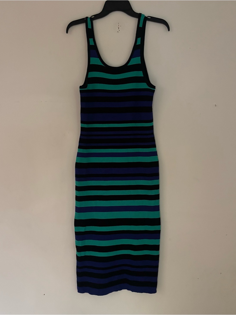 Bold Elements Blue Teal Black Striped Ribbed Bodycon Midi Dress M